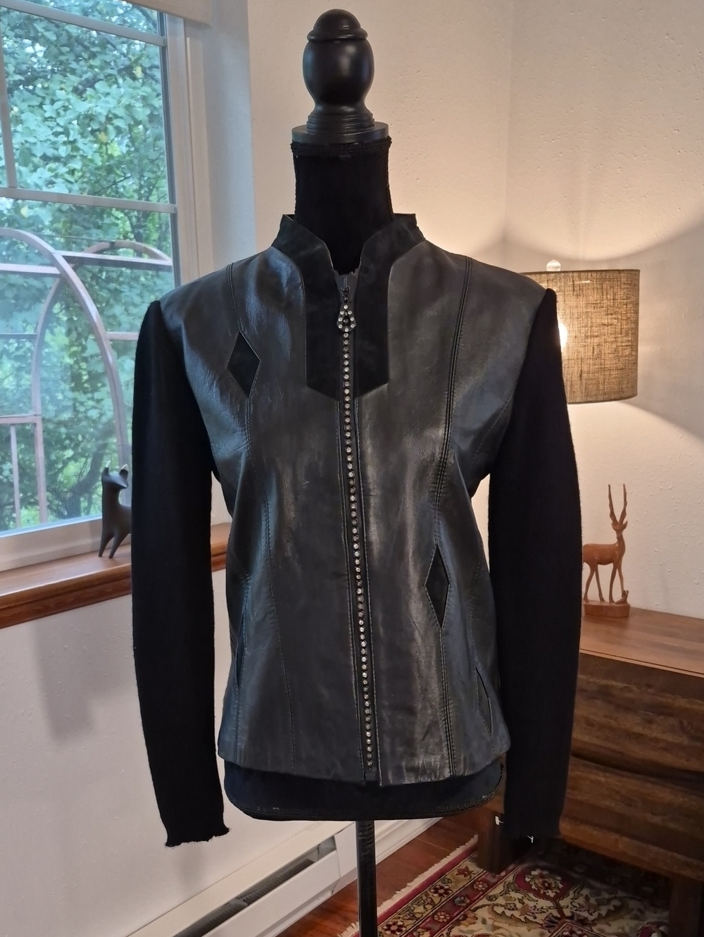 YING YING OF NEVADA 90s Leather Wool Blend Pieced Sweater Jacket Black Small